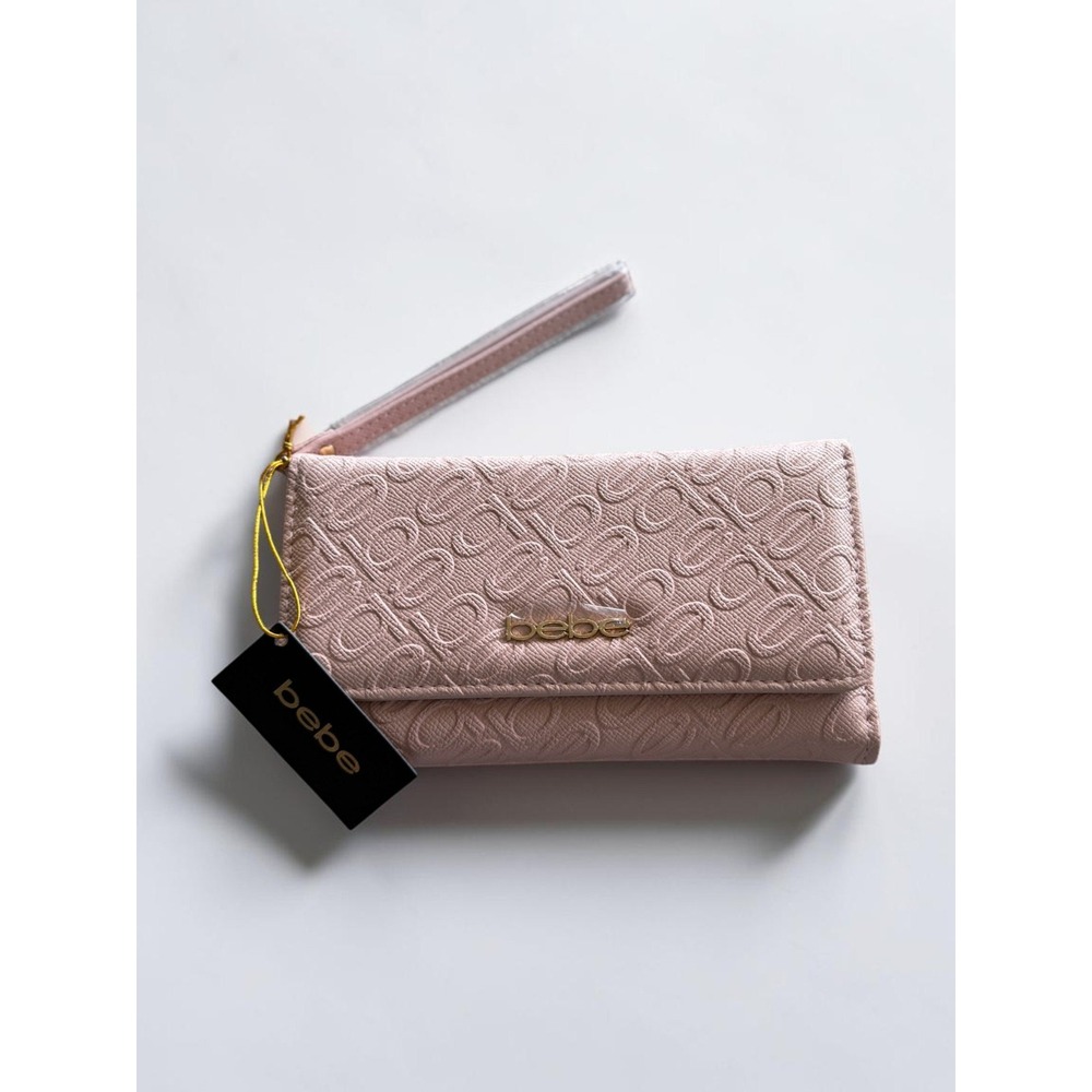 Bebe Celeste Debossed Trifold Wallet Blush Pink Logo Wristlet